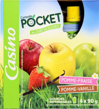 Compote Pocket Refermable Allégée en Sucres  Pomme-Fraise -Vanille - Casino - 4 x 90g