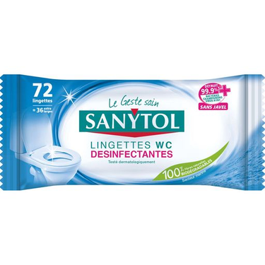 72 Lingettes WC Désinfectantes Fraîcheur Marine Sanytol