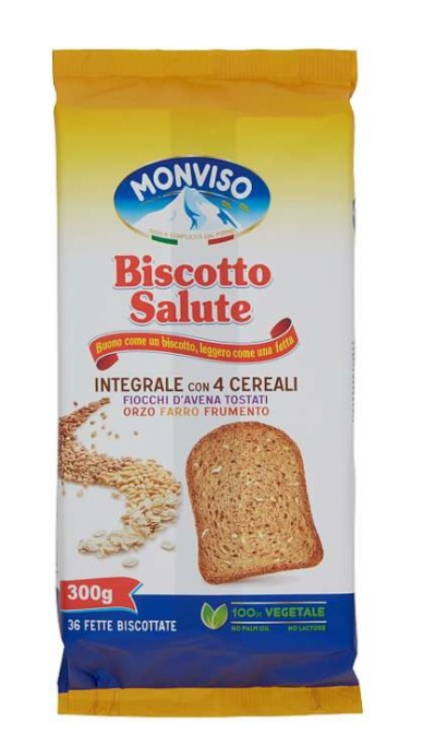 Biscuit Santé Complet Aux 4 Céréales MONVISO 36 Biscottes 300 G