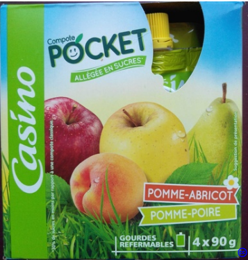 Compote Pocket Refermable Allégée en Sucres  Pomme-Abricot / Pomme-Poire - Casino - 4 x 90g
