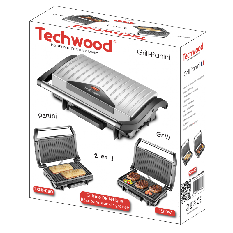 Techwood meat/panini grill. Dietary cooking. Fat collector tray, 1500W